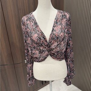 Zara Black and Pink Floral Twist Blouse